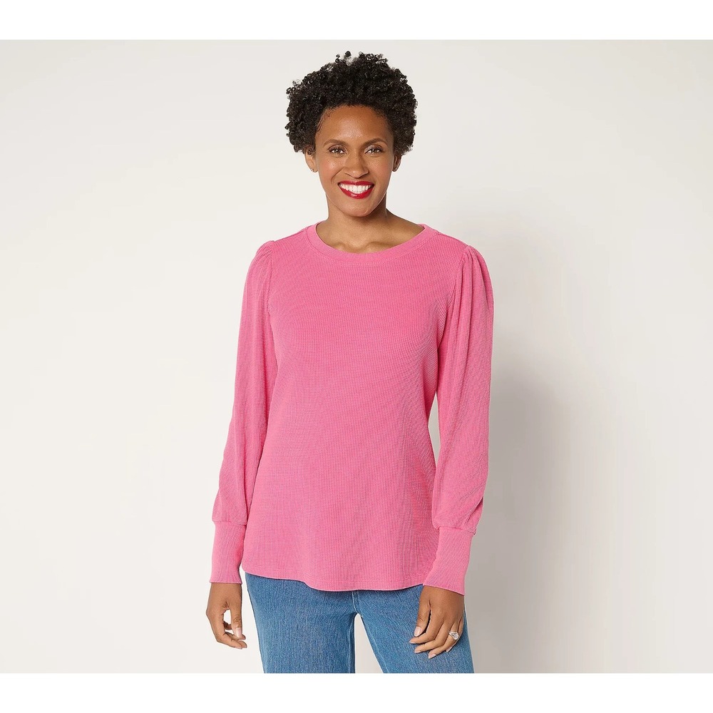 Belle by Kim Gravel Snow Washed Waffle Knit Crew Neck Top Pink Passion XXS 227-K